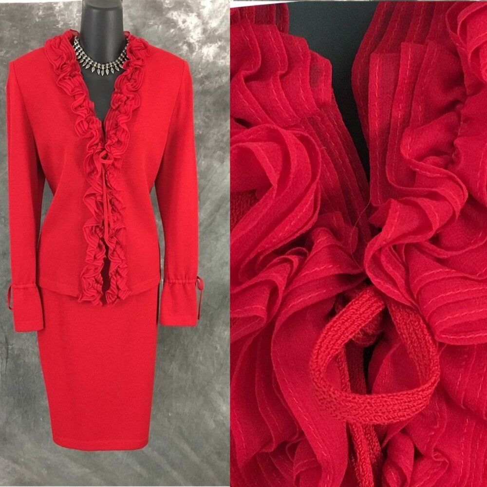BEAUTIFUL St John evening knit red ruffle jacket skirt suit size 6 8